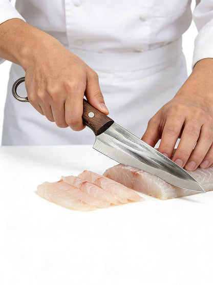 Kitchen Chef Knife with Sheath Meat Cleaver Boning Slicing Sushi Fish Beef Cutting, Wood Handle ﻿