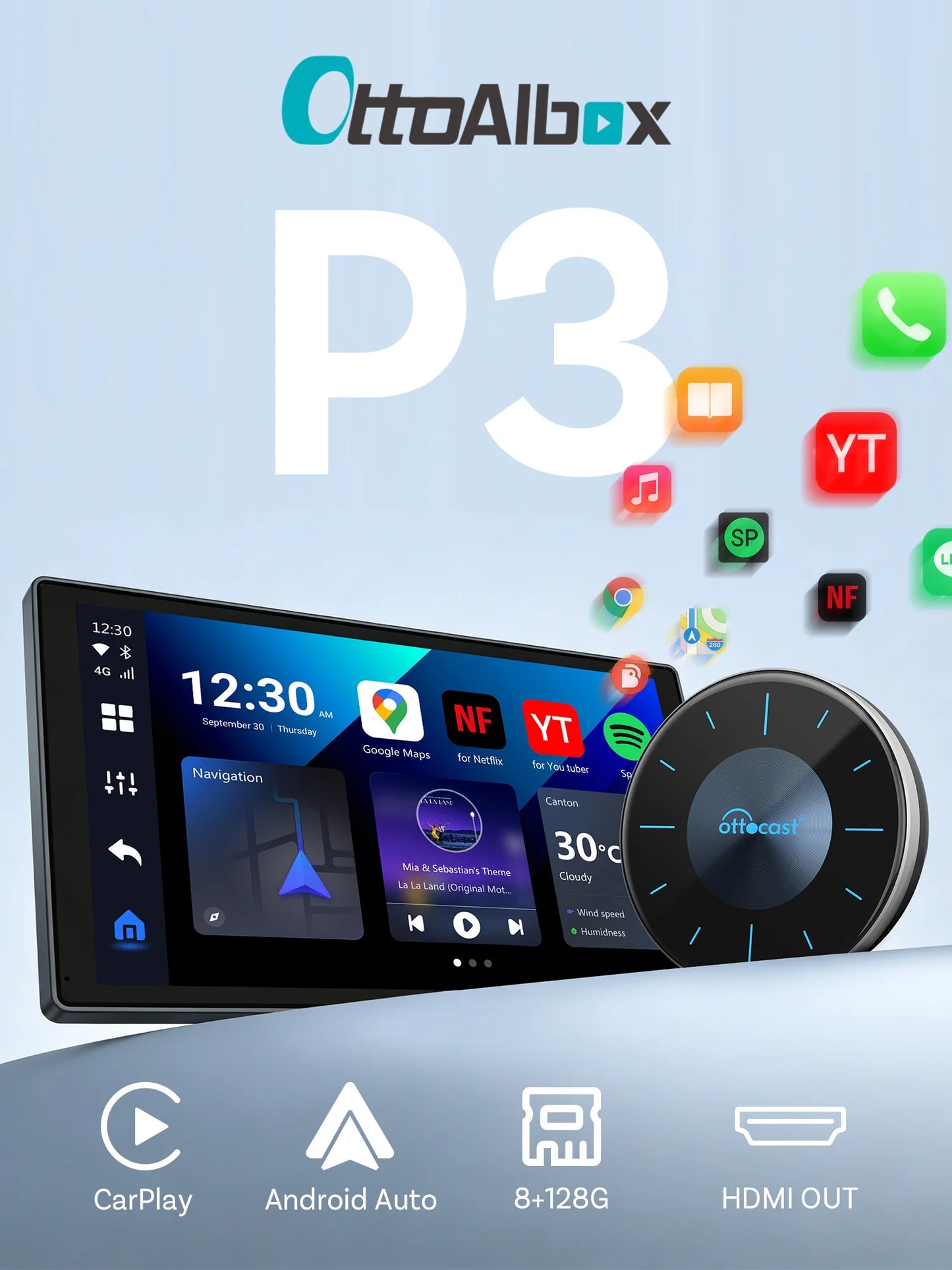OTTOCAST P3 AI Box Android TV Box for HDMI out Wireless CarPlay Android Auto Car Accessories for Toyota VW Honda Kia Benz Nissan