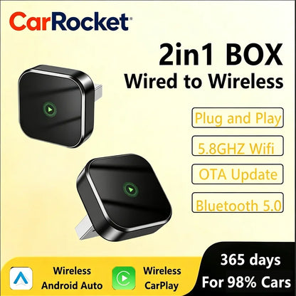 CarRocket 2in1 Wireless CarPlay Dongle Android Auto Adapter AI Smart Box Car Intelligent Systems for Car with Wired CarPlay
