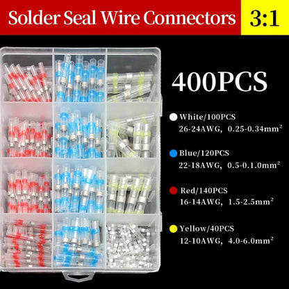 10 ~ 500pcs Solder Seal  Wire Connectors Kit Heat Shrink Butt Crimp Terminals Waterproof Electrical Cable Splice Connector