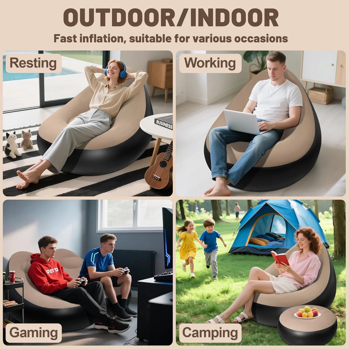 2Pcs Lazy Sofa Inflatable Chair Folding Recliner (Sofa + Footrest) Outdoor Sofa Bed with Footrest Indoor and Outdoor Portable Folding Air Mattress Lunch Break Leisure Chair Set