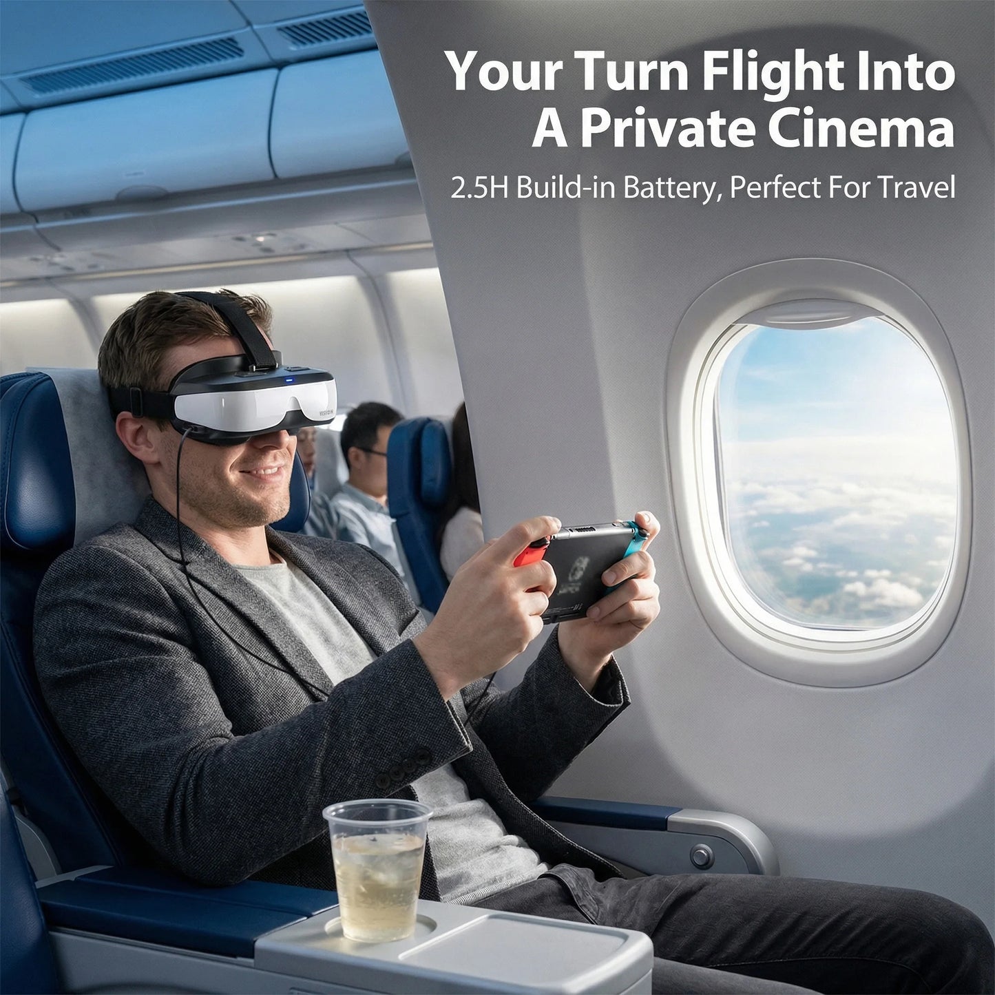 Portable Head Mounted Display HDMI Type-C, 300 Inch Virtual Screen Private Cinema Compatible with Switch Steam Deck PS5 PC