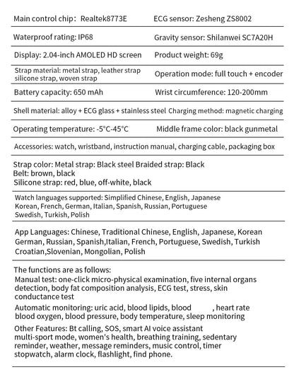New Blood Lipids Uric Acid Blood pressure Smart Watch Men ECG+PPG Fitness Tracker Clock Heart Rate Bluetooth call Smart watches