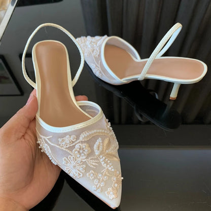 Brand Designer Mesh Embroidered White Women's High Heels Flower Straps Sexy Bareback High Heels Dress Women's Wedding Shoes