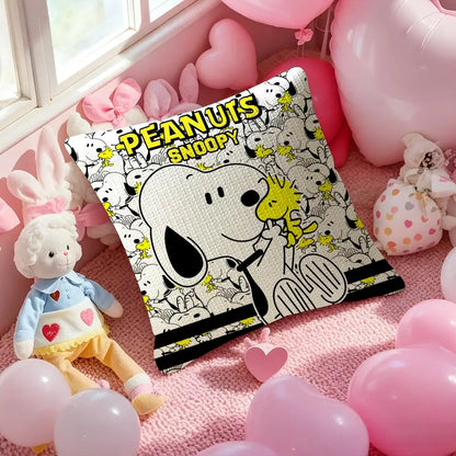 Cute Snoopy Pillow Case Natural Linen Organic Fabric Double-Sided Printing Sofa Home Decor Gift Cushion Cover