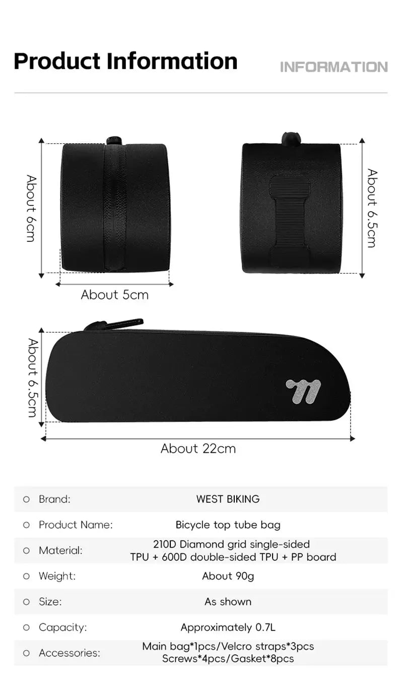 WEST BIKING Bicycle Top Tube Bag Aerodynamic Low Drag Fit Bike Frame Zip Bag Waterproof Wind-breaking Ultralight Cycling Bags