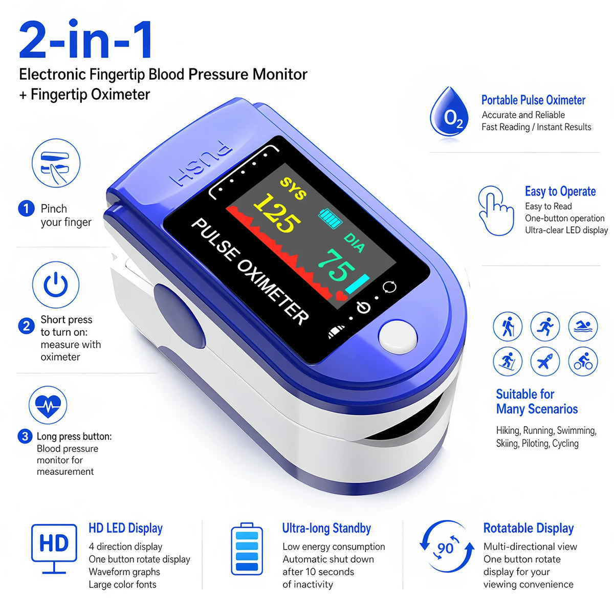 Finger Clip Sphygmomanometer and Oximeter 2IN1 Home Visual Pulse Oxymeter SpO2 Saturation Medical Health Blood Pressure Monitor