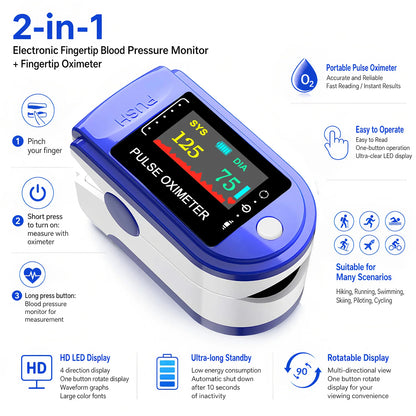 Finger Clip Sphygmomanometer and Oximeter 2IN1 Home Visual Pulse Oxymeter SpO2 Saturation Medical Health Blood Pressure Monitor
