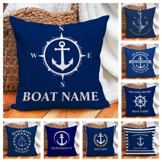 Custom Boat Name Pillow Covers Personalized Nautical Anchor Cushion Cases for Yacht Home Decor Beach House Welcome Aboard