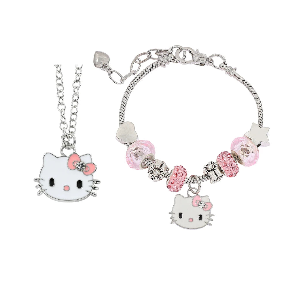 Sanrio Hello Kitty Alloy Pendant Necklace Bracelet Set Adjustable Cute Cartoon Anime Jewelry Gift for Women
