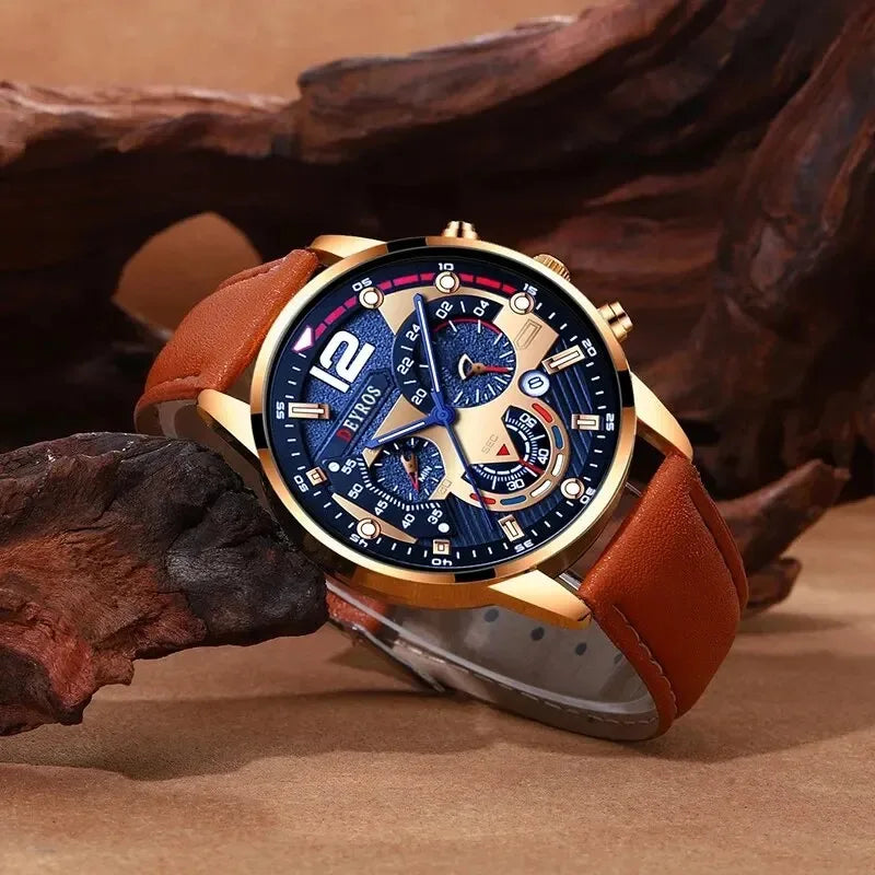 2PCS Set Luxury Brown Mens Quartz Watches Fashion Male Business Casual Wristwatch with Bracelet