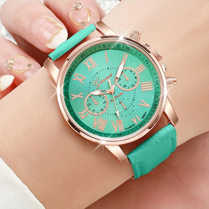 Ladies, students, fashionable temperament, casual candy color matching, Roman dial quartz watch combination set, 12 pieces/set