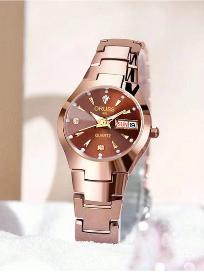 ORUSS Business Casual Womens Quartz Watches Luxury Fashion Wristwatch Stainless Steel Date Week 30M Waterproof Womens Wristwatch