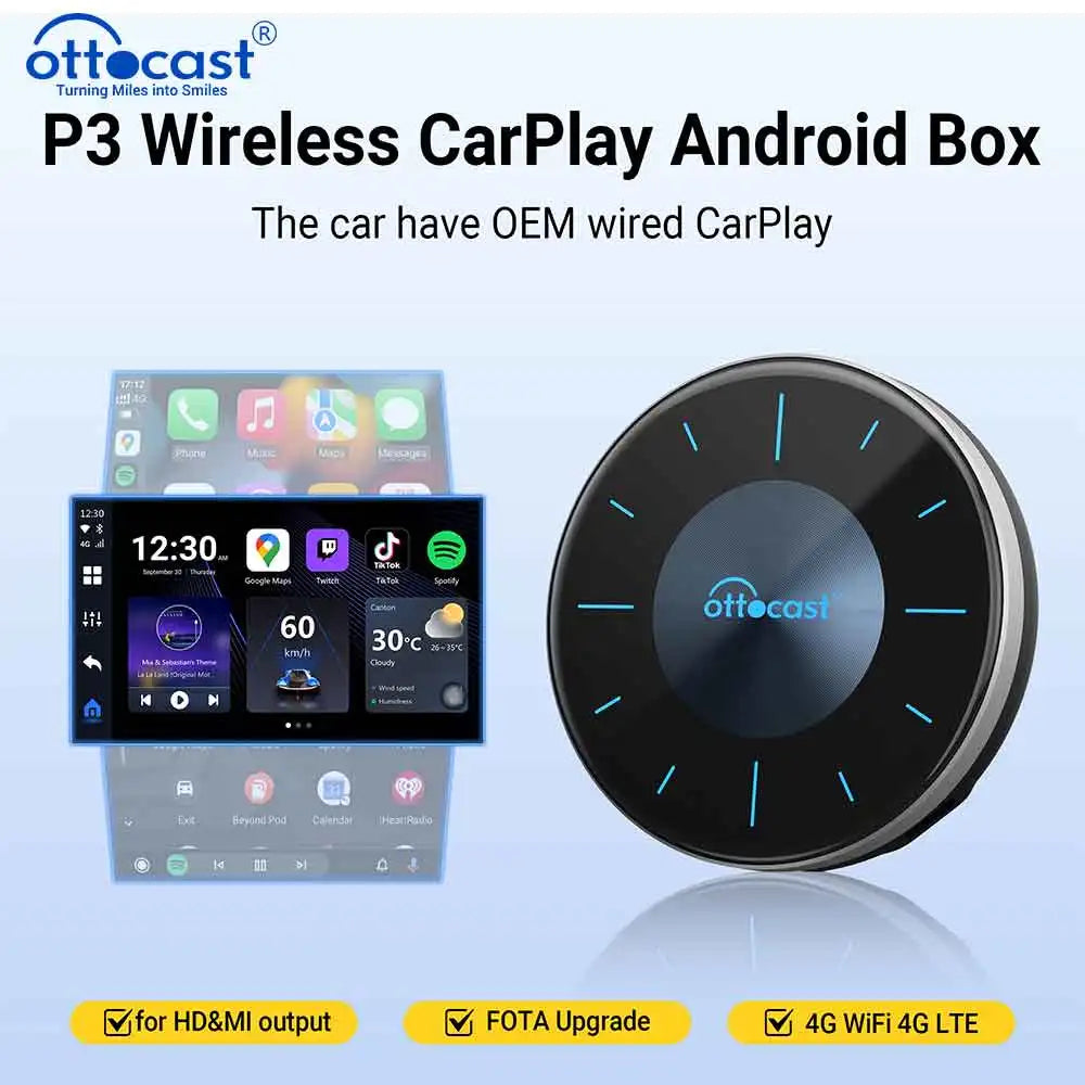 OTTOCAST P3 OttoAibox CarPlay AI Box Wireless Android Auto Smart TV Box Car Accessories for Benz Audi Kia Hyundai VW Toyota 2024