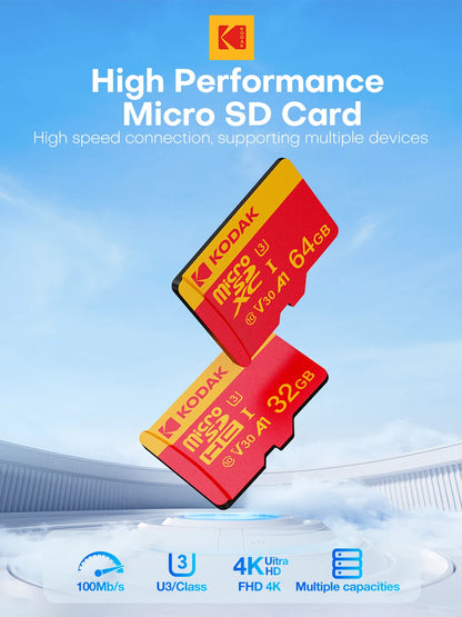 Kodak Mircosd Card with Adapter U3 V30 Class 10 Micro sd Card Memory Card TF Card 32GB/64GB/128GB/256GB Supports 4K & Full HD
