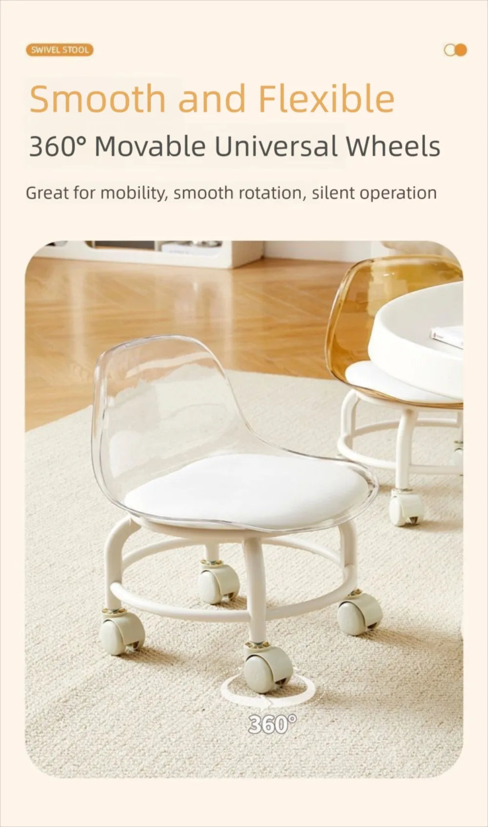New Transparent Small Stool Universal Wheel Simple Low Chair Multifunctional Noiseless Backrest Seat Household