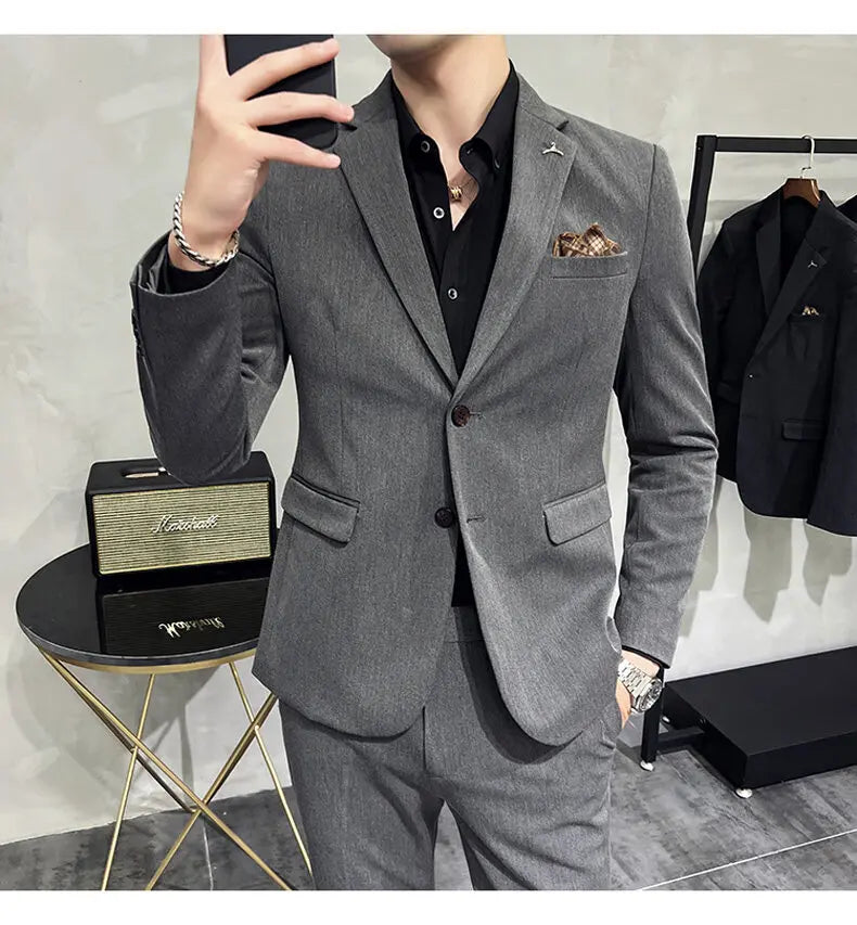 High quality Korean slim fit (suit + trousers) Fashion business handsome casual solid color wedding suit two-piece set