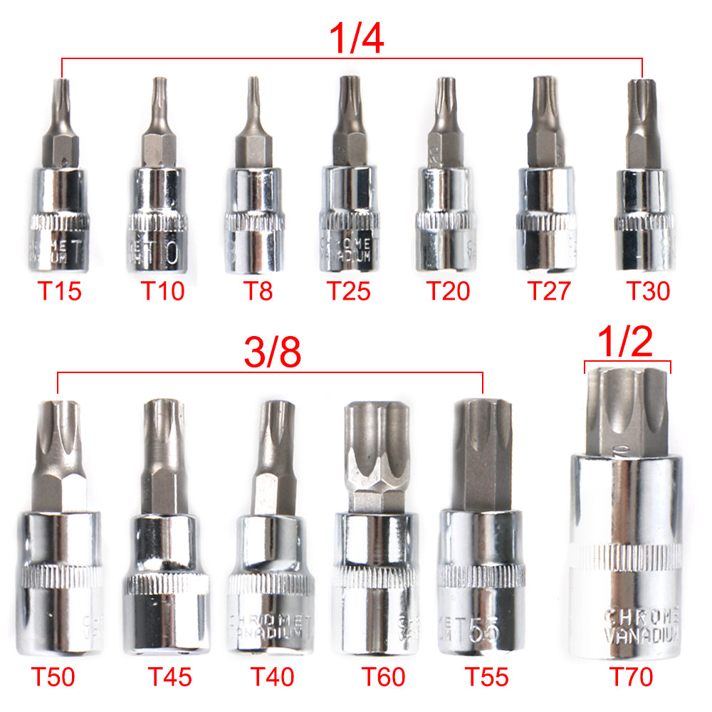T8-T70 Torx Bit Socket Set 1/4" 3/8" 1/2" Drive Car Removal Tools Socket Wrench Tools 13 Pcs For Ratchet Torque Spanner