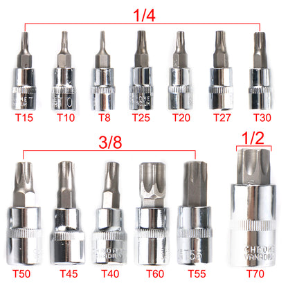 T8-T70 Torx Bit Socket Set 1/4" 3/8" 1/2" Drive Car Removal Tools Socket Wrench Tools 13 Pcs For Ratchet Torque Spanner
